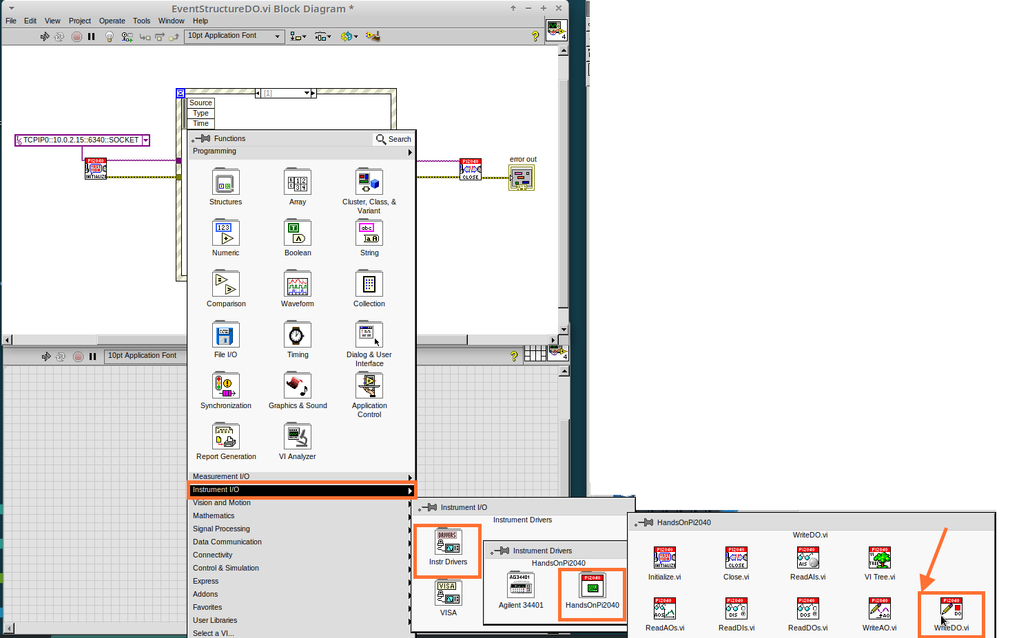 cm 055.00 RightClick FunctionsPalette InstrumentIO InstrDrivers HandsOnPi2040 WriteDO