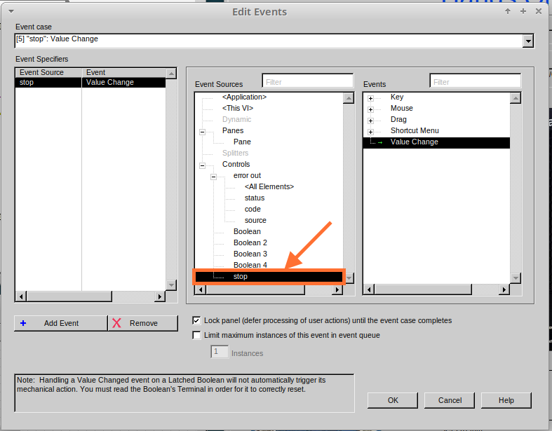 cm 073.00 EventStructure EditEventsWindow Select Stop